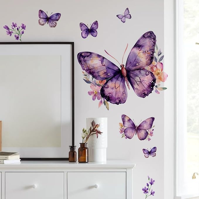 Purple Butterflies Wall Stickers Pink Flower Wall Decals, Removable Peel and Stick Wall Art Murals for Girls & Boys Bedroom,Nursery Bathroom Playroom Living Room