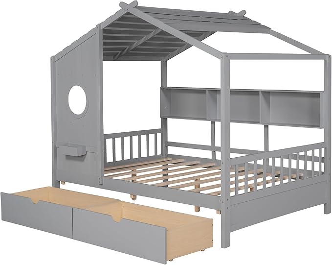 Harper & Bright Designs Wooden Full Size House Bed Frame with 2 Drawers for Boys Girls Kids Toddler,Kids Bed with Storage Shelf, Gray