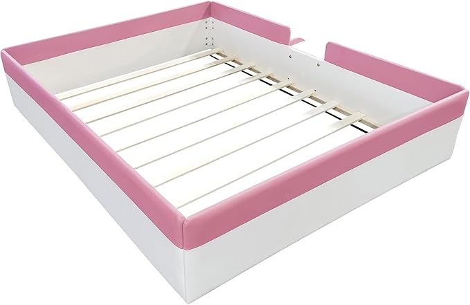 Full Size Upholstered Daybed Frame with Fence and Stairs, Montessori Kids Floor Bed with Sturdy Slat Support for Kids Boys Girls