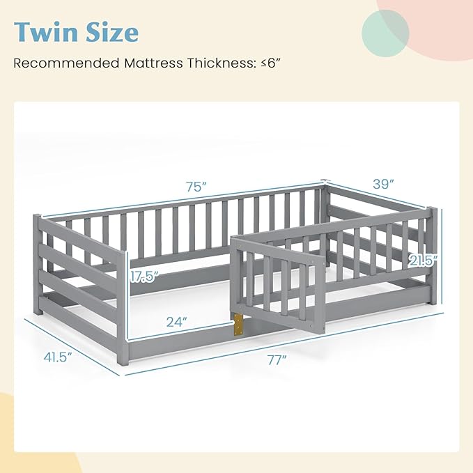 Giantex Twin Floor Bed with High Fence & Door, Montessori Floor Bed with 21.5" Safety Guardrails, Solid Wood Twin Beds Frame for Kids Girls, Boys, Without Slats, Grey