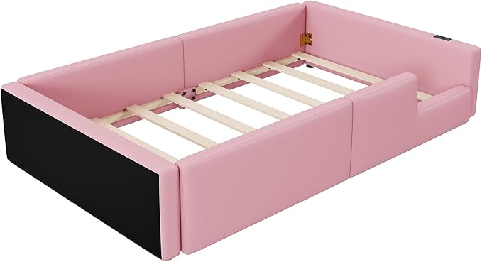 Twin Size Upholstered Platform Bed with Safety Guardrail, Montessori Kids Floor Bed, Child Grounded Bed with Charging Station and Sturdy Slats Support