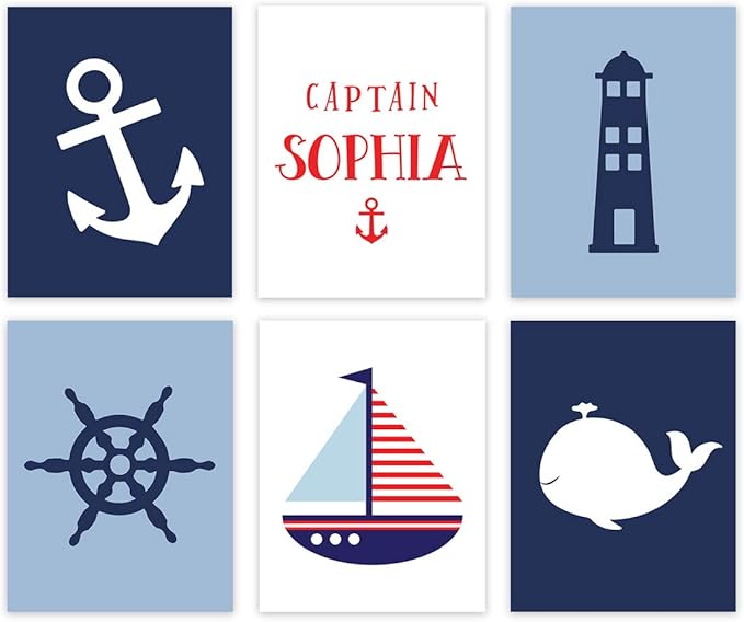Andaz Press Personalized Ocean Nautical Sailor Theme Nursery Kids Bedroom Hanging Wall Art Decor, 8.5x11-inch, Navy Blue Theme, Boat, Anchor, Lighthouse, 6-Pack, Custom Unframed Room Poster