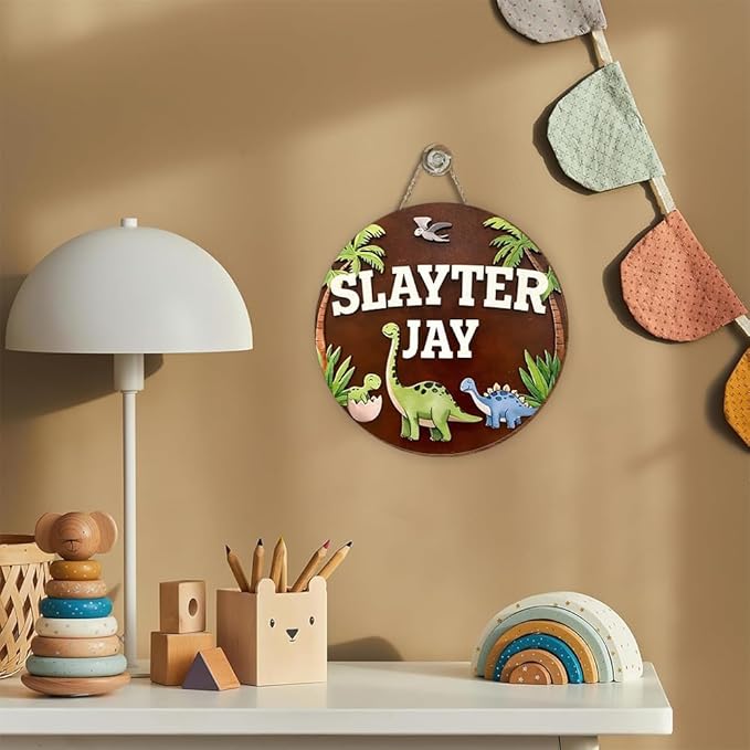 Dinosaur Wooden Wall Art | Custom Name Sign for Boys Room Decor, Nursery Hanging Decoration, and Playroom Wooden Wall Hanger