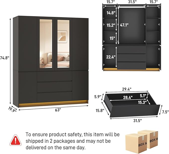4 Doors Armoire Wardrobe Closet with 3 Drawers & Mirror, Modern Wooden Bedroom Armoires with Hanging Rod Led Lights for Bedroom, Black