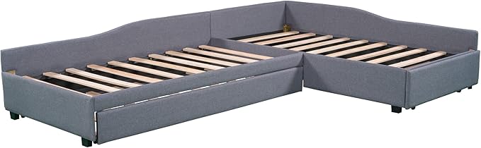 Bellemave L-Shape Platform Bed Twin Size Upholstered Daybed with Trundle and Storage Drawer Linen Corner Day Bed Frame for 3 Kids Boys Girls Teens, Gray