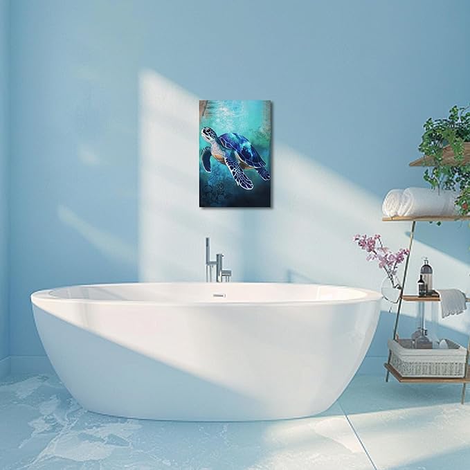 AWPANERAR Sea Turtle Wall Art Bathroom Pictures Watercolor Sea Life Canvas Prints Ocean Animal Poster Nautical Theme Artwork for Kids Room Nursery Decor Framed (Blue, (18L x 12W))