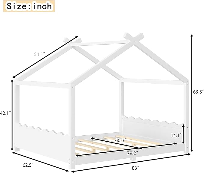 Queen Size Wooden House Floor Bed - Kids Bed Frame with Roof & Support Slats for Bedroom, No Box Spring Needed, Easy Assembly (White)