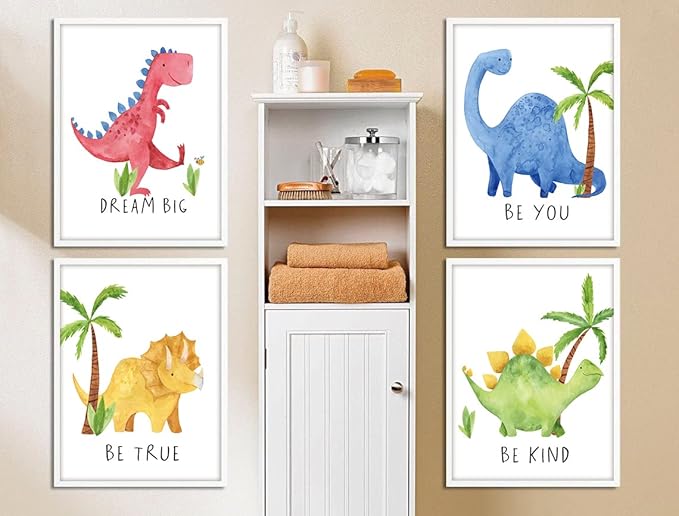 Gubrandin Watercolor Dinosaur Art Print Inspirational Quote Wall Art Nursery Bedroom Decoration Funny Animals Plants Poster for Boys or Girls Bedroom (8x10 inch，Set of 4，Unframed)