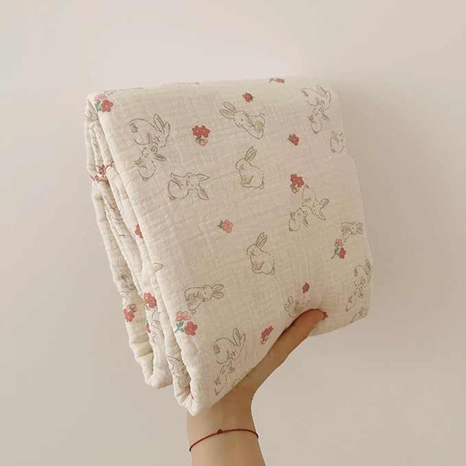 BuLuTu Baby Blankets for Girls Soft Lightweight Muslin Cotton Toddler Blanket Baby Quilts 2 Layer Gauze Cotton Nursery Blankets Crib Quilt,Bunny Pattern,47"x51"