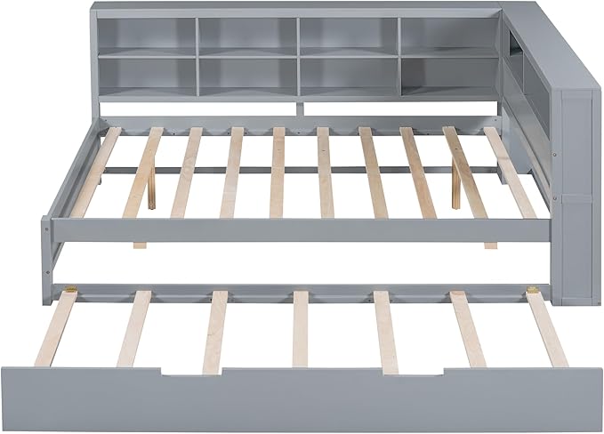 Harper & Bright Designs Full Size Daybed With Trundle and Charging Station, Wooden Storage Bed Frame With L-Shaped Bookcases, Platform Bed With Shelves for Kids Girls Boys, Gray