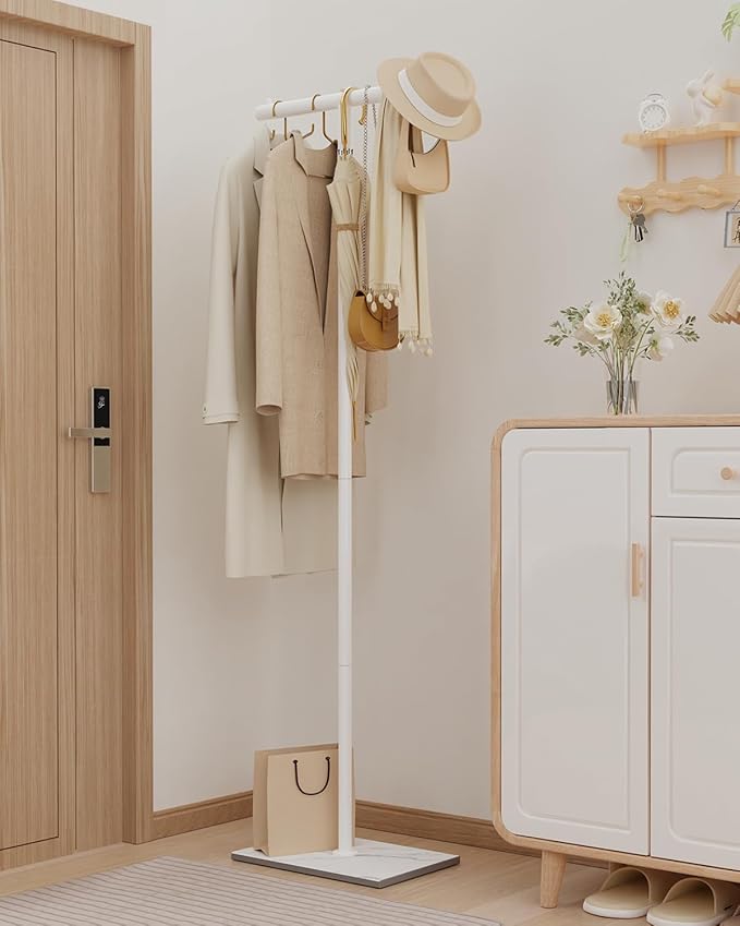 OUTBROS Coat Stand with Rock Slab Base, T-shaped Metal Freestanding Clothes Rack for Clothes, Modern Hanger Stand, for Entryway, Living Room, Bedroom, 68.9 Inches High, White