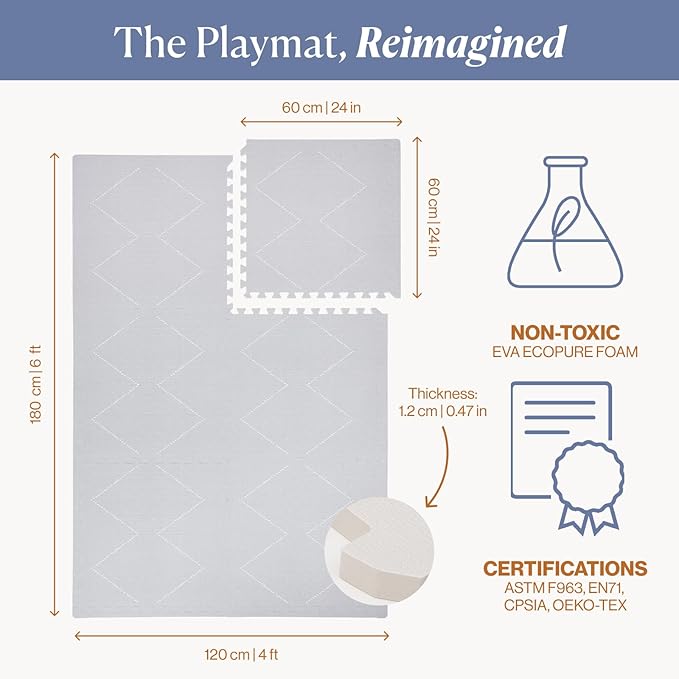 Toddlekind Playmat - Premium Foam Playmat, 4 x 6 feet Premium Quality Foam Play Mat for Babies/Toddlers, Stylish, Non-Toxic, Odorless, Tulum Stone (Grey)