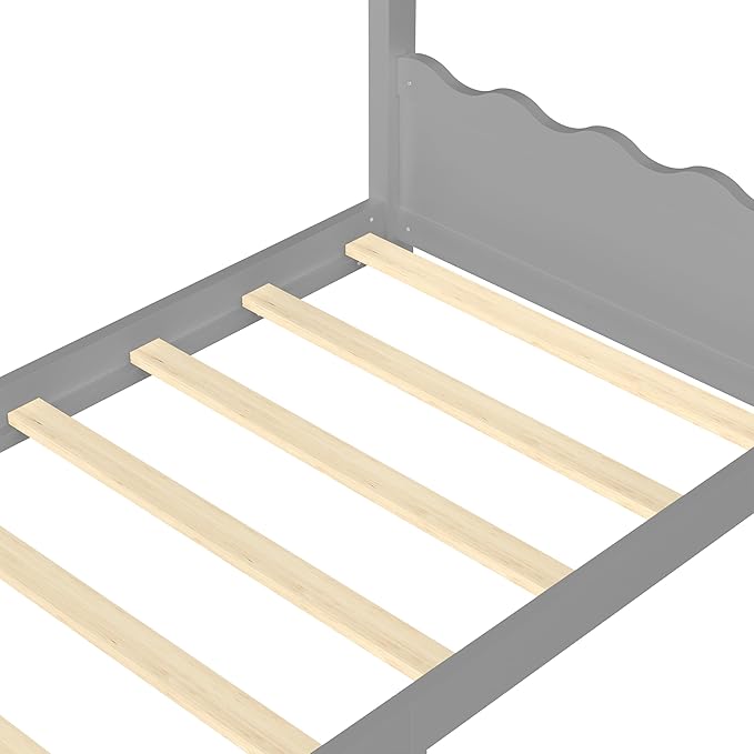 Twin Size Wooden House Floor Bed - Kids Bed Frame with Roof & Support Slats for Bedroom, No Box Spring Needed, Easy Assembly (Grey)