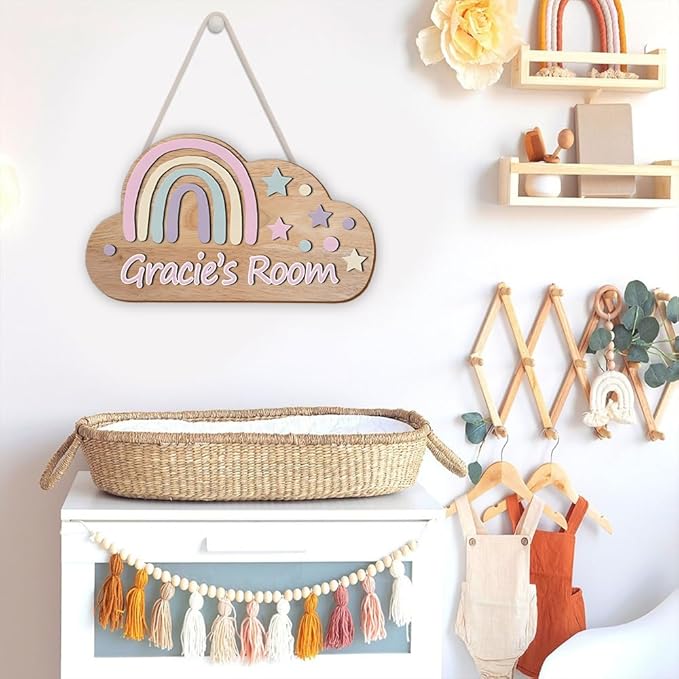 Personalized Wooden Rainbow Name Sign | Custom Cloud Door Sign for Girls Room Decor, Nursery Wall Art, Bedroom Decoration, Playroom Wall Hanging