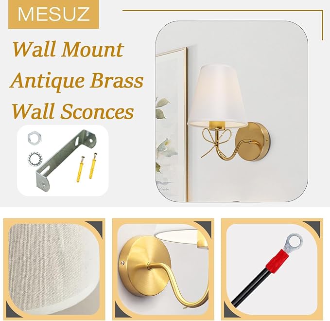 Antique Brass Wall Sconces Set of Two, Bow Sconces Decor Gold Wall Lights Brass Brushed Gold Sconce with Fabric Shade, E26 110V Hardwired Wall Lamps for Girl Bedroom, Living Room, Nursery Room
