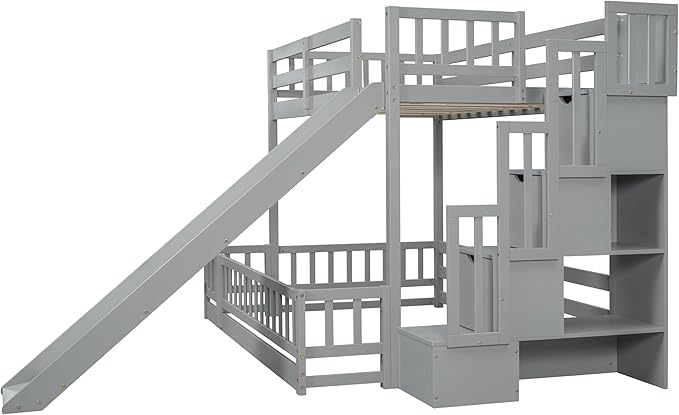 Twin Over Full Bunk Bed with Slide, Solid Wood Bunk Bed with Safety Guardrails and Storage Staircase for Kids Teens Boys Girls Bedroom, Space Saving Design (Grey-30c)