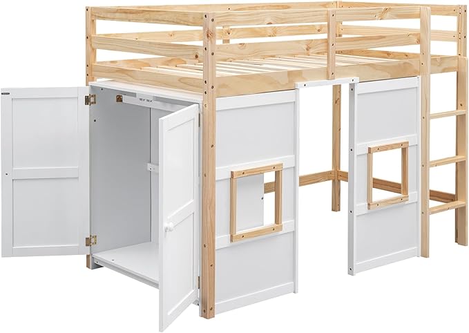 Playhouse Design Twin Size Loft Bed with Built-in Storage Wardrobe and 2 Windows, Solid Wood Loft Bed Frame with Safety Guardrail for Kids Teens Boys Girls, Space-Saving (Whit+Natural)