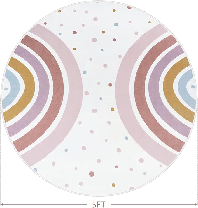 STARUIA Round Rainbow Nursery Rug, 5 Ft Washable Kids Rug for Playroom, Non-Slip Colorful Rugs for Classroom, Large Princess Rugs Soft Girls Bedroom Carpet for Kids Room Reading Nook