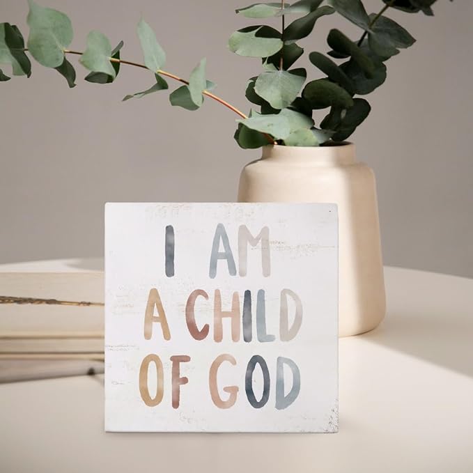Boho Neutral Baby Girl Boy Nursery Decor - I am a Child of God Christian Wood Box Sign Desk Decor, Toddler Boy Girl Room Decor, Christian Desk Decor, Bible Verse Decor, 5x5