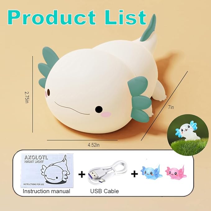 Cute Axolotl Night Light for Kids Bedroom, Animal Silicone Nursery Night Lamp Touch Control Nightlights USB Rechargeable Bedside Lamp for Baby Children Toddlers Girls Gift