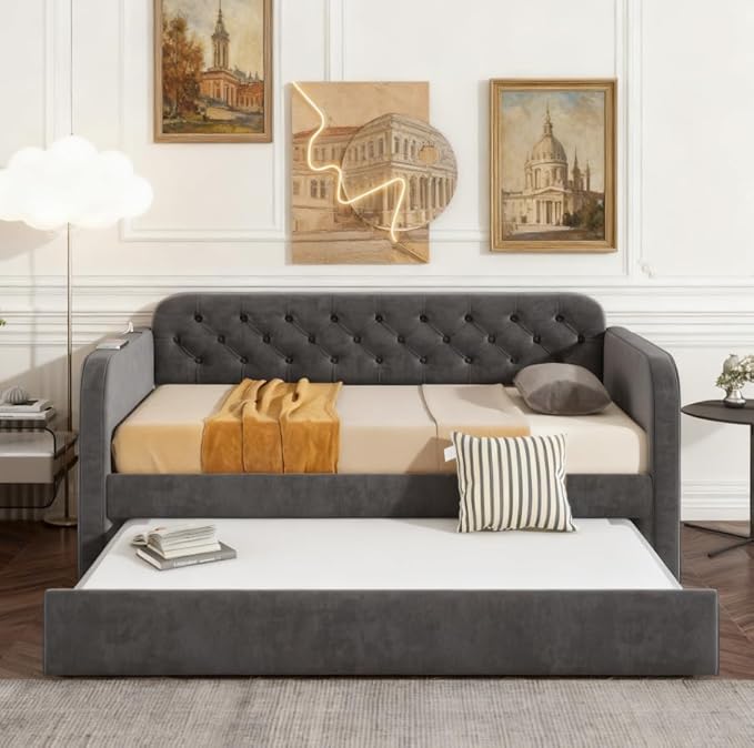Bellemave Twin Upholstered daybed with Trundle and USB Charging, Velvet Tufted Sofa Bed Twin Size, daybed with Trundle for Adults, Kids, Girls, Teens, for Living Room, Dark Grey