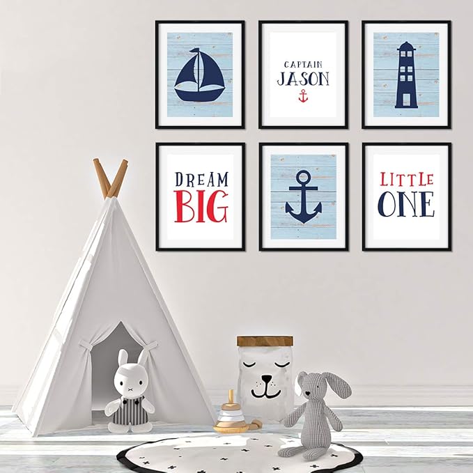 Andaz Press Personalized Ocean Nautical Sailor Theme Nursery Kids Bedroom Hanging Wall Art Decor, 8.5x11-inch, Rustic Blue Wood, Boat, Anchor, 6-Pack, Custom Name Unframed Room Poster