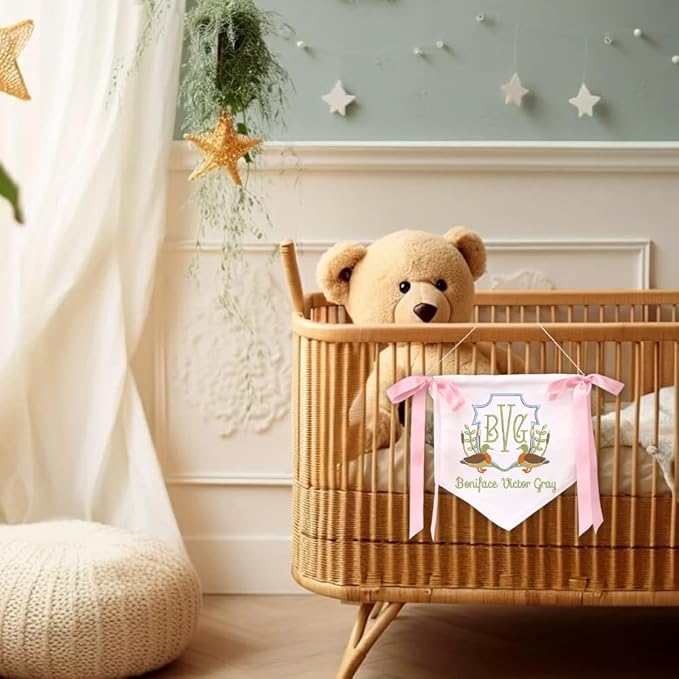 Embroidered Baby Name Sign Personalized Baby Announcement Sign Newborn Baby Banner with Bows Baby Hospital Name Sign Canvas Hanging Pennant Flag Custom Infant Baby Name Baby Shower Banner (08)