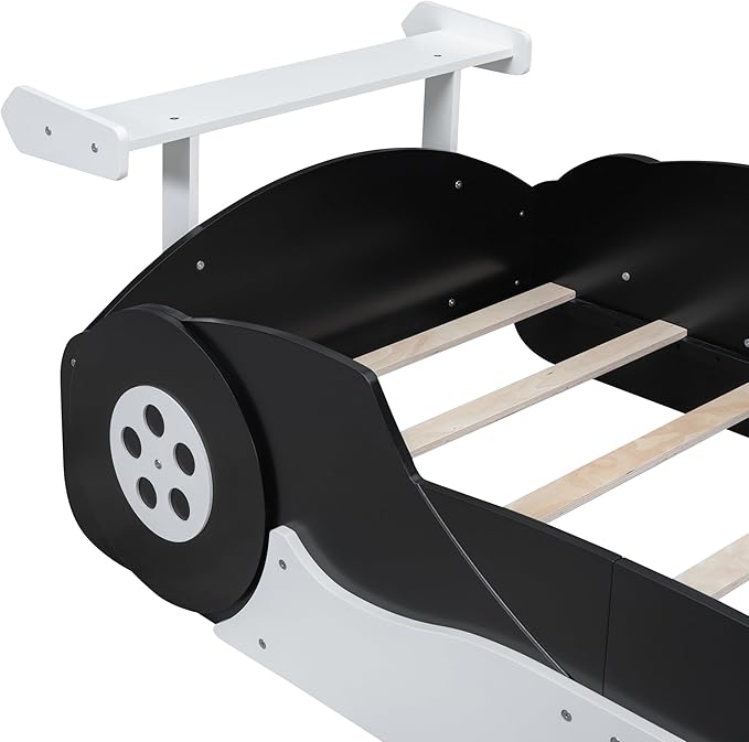 Flieks Twin Size Race Car-Shaped Platform Bed Frame for Boys Girls Kids Adults Toddler with Wheels,Black
