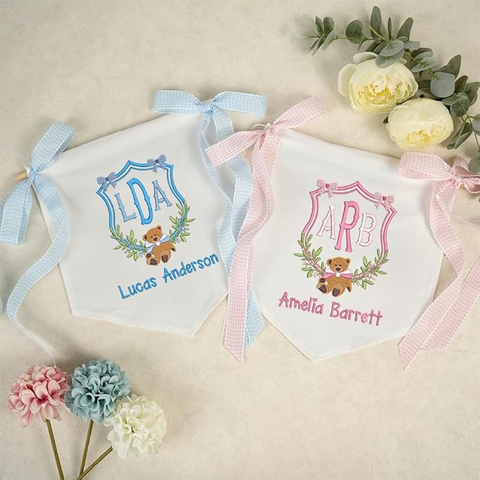 Embroidered Baby Name Sign with Bows Personalized Baby Announcement Sign Newborn Baby Banner Baby Hospital Name Sign Canvas Hanging Pennant Flag Custom Infant Baby Name Baby Shower Banner (06)