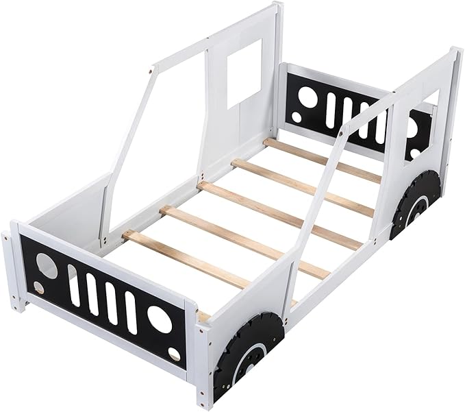 Bellemave Twin Size Toddler Bed, Classic Car-Shaped Platform Bed with Wheels, Wood Twin Montessori Floor Bed for Kids Boy Girls (White+Black)