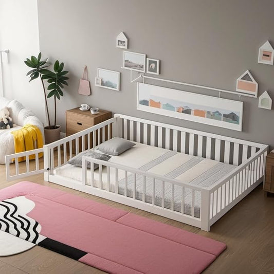 Full Size Montessori Floor Bed Frame with Convertible Door & Wood Slats for Kids,Wood Montessori Bed with Safety Guardrails for Girls & Boys,White
