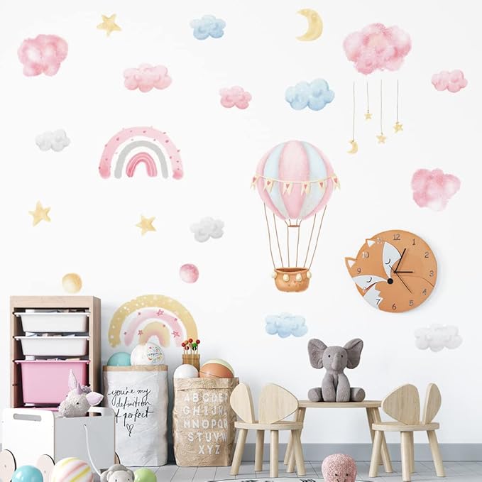 fanquare Rainbow Hot Air Balloon Wall Decals Pink Clouds Moon Stars Wall Stickers Watercolor Wall Decor for Kids Girls Bedroom Living Room Decor