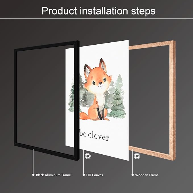 gooptyinh Framed Woodland Nursery Animal Canvas Wall Art, 6 Piece Inspirational Forest Animals Print Posters, Motivational Quotes Cute Bear Fox Rabbit Deer Raccoon Owl Decor for Baby Bedroom 8x10in