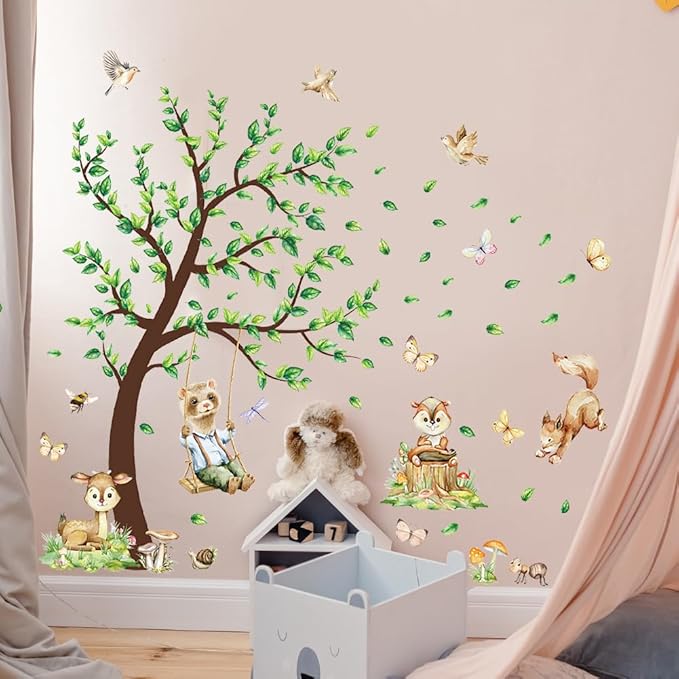 Jungle Animals Wall Decals Woodland Nursery Animals Large Tree Wall Stickers Watercolor Ferret Deer Fox Squirrel Home Decal Stickers for Baby Nursery Kids Bedroom Toddler Room Wall Decor