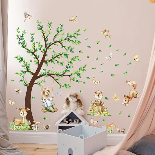 Jungle Animals Wall Decals Woodland Nursery Animals Large Tree Wall Stickers Watercolor Ferret Deer Fox Squirrel Home Decal Stickers for Baby Nursery Kids Bedroom Toddler Room Wall Decor