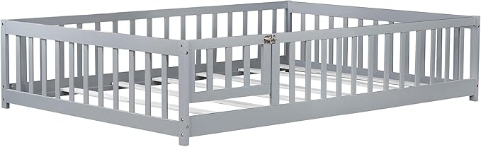 Ball & Cast Full Size Montessori Floor Bed,Wooden Floor Bed Frame with Wood Slats,Montessori Toddler Bedframe W/Door and Safety Guardrails for Girls Boys,Bedroom,Playroom,No Box Spring Needed,Grey