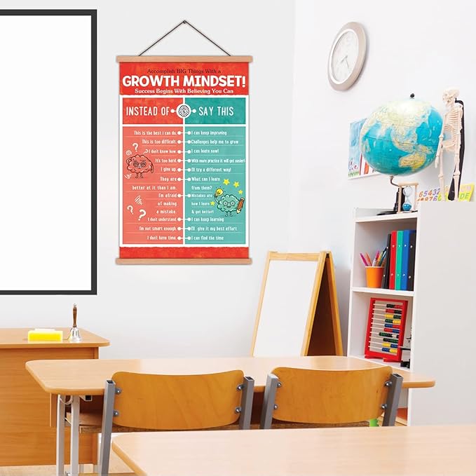 KAIRNE Kids Growth Mindset Poster Educational Classroom Poster With Wood Magnetic Hanger,Motivational Quote Canvas Wall Art(35X56CM) Students Positive Art Print For Kids Playroom Classroom Decor