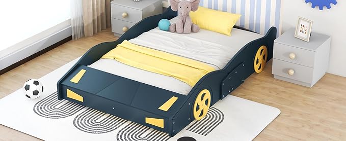 Full Size Race Car-Shaped Platform Bed Bedframe with Wheels and Storage, 90.6" L x 55.3" W x 15.7" H Dark Blue+Yellow