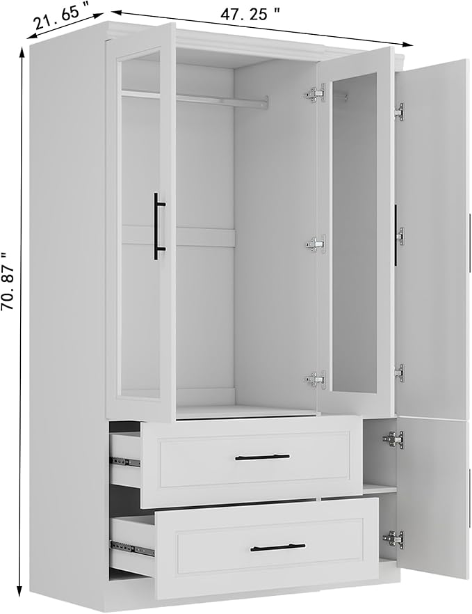 Armoire Wardrobe Closet with Mirror, 3 Door White Wood Wardrobe Closet Wooden Bedroom Armoire 2 Drawer with Hanging Rods for Home/Bedroom/Living Room White-50+51
