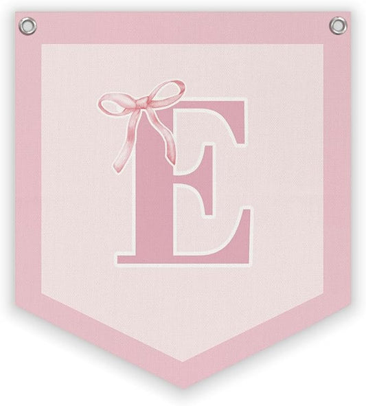 Lacama Initial Personalized Preppy Banner, Baby Girl Nursery Shower Decor Gifts, Coquette Pink Bow Teen Girl Gifts, Vintage Room Decor Toddler Room Bedroom Playroom Front Door Birthday Gift(E)