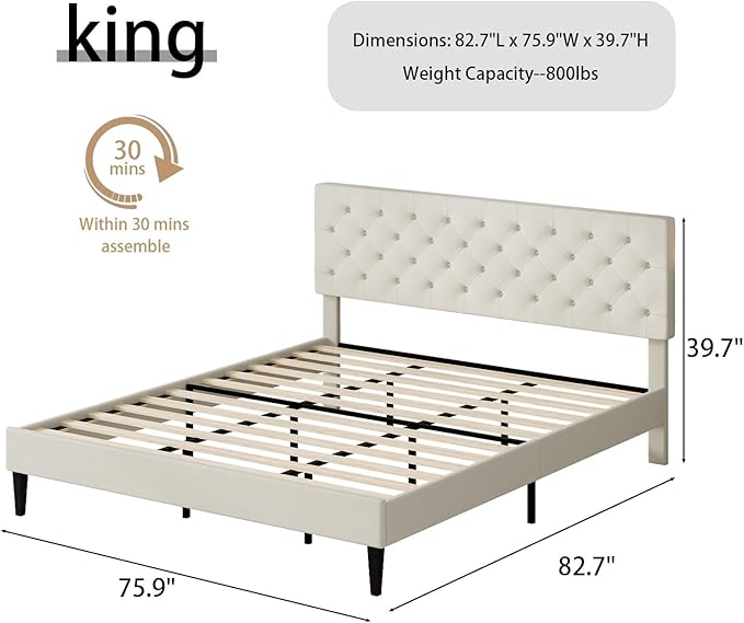 BarnFurin King Bed Frame, Upholstered Platform Bed with Button Tufted Headboard, Fabric Bed Frame with Wooden Slats Support, No Box Spring Required, Easy Assembly, Cream