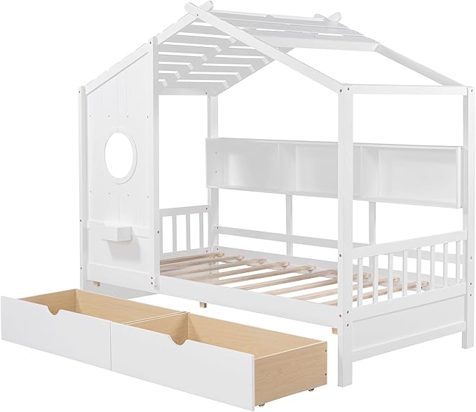 Harper & Bright Designs Wooden Twin Size House Bed Frame with 2 Drawers for Boys Girls Kids Toddler,Kids Bed with Storage Shelf, White