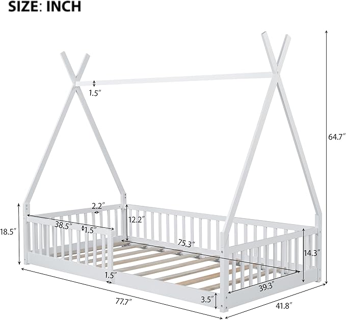 Merax Twin Size House Platform Frames Bed Floor Bed with Fence for Boys or Girls, No Box Spring Needed(Slats Kit Included), White