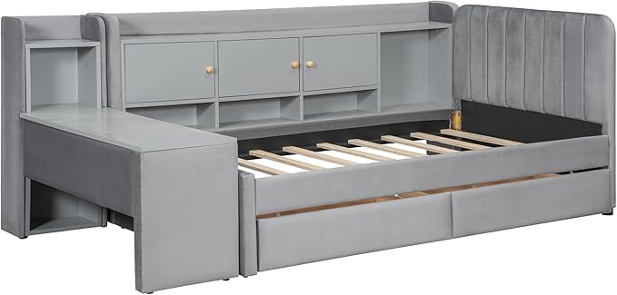 Twin Size Daybed with Desk, Storage Drawers and L-Shaped Bookshelf Headboard, Velvet Upholstered Soft Corner Bed with Flip Cabinets and Shelves for Kids Boys Girls, Gray