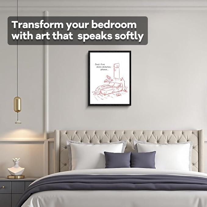 Sleep Quote Wall Art, just five more minutes message, minimalist line art wall decor, matte finish framed canvas print, bedroom humor poster artwork, for night owls gift, 12x15 inch