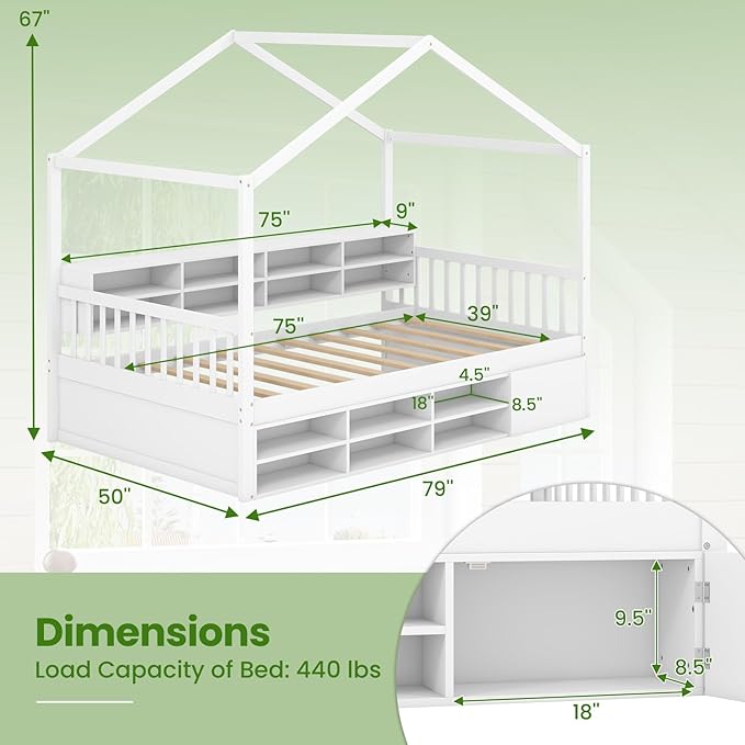 KOMFOTT Twin Size Wood House Bed with Storage Shelves, Wooden Platform Bed Frame with Storage Cabinet, Headboard & Footboard, House Bed with Wood Slats Support, No Box Spring Needed (White)