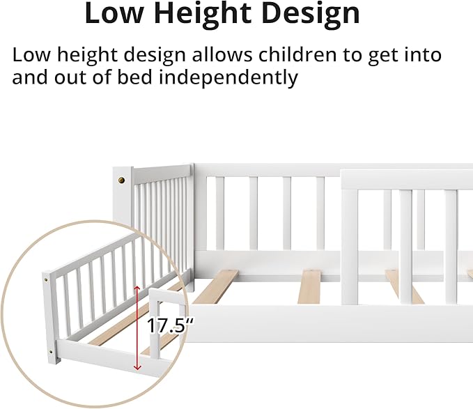 LLS Twin Floor Bed for Kids Solid Wood Montessori Bed Frame with Safety Guardrails Multifunctional Montessori Floor Bed for Toddlers, Without Door, Easy Assemble, White