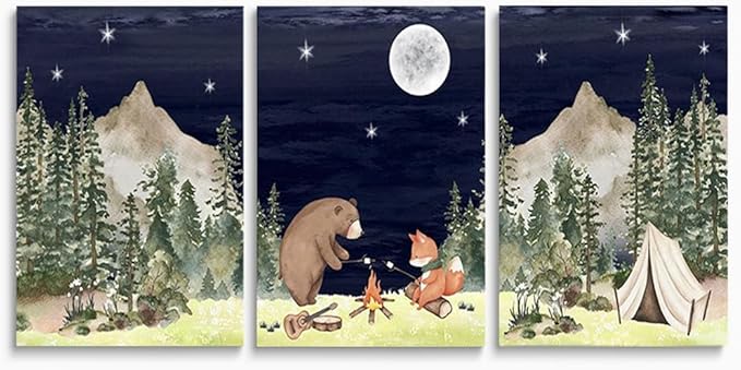 Camping Nursery Wall Decor, Bear Fox Nursery Print, Moon Night Woodland Nursery Decor, Watercolor Mountain Forest Wall Art, Set of 3 Nature Picture for Boy Girl Bedroom, Framed Canvas, 12"x16"x3