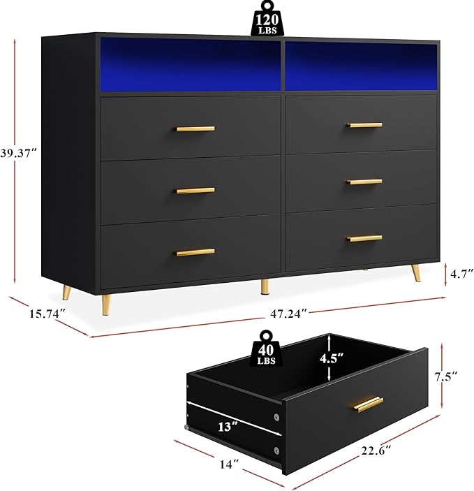 Black Dresser with LED Lights, Wood Dresser for Bedroom with 6 Wide Large Drawers,2 Open Shelves Top, Elegant Chest of Drawers for Living Room Hallway Entryway, 47.2" W