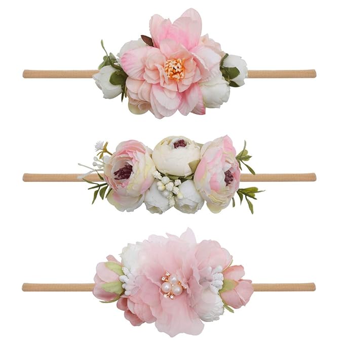 Baby Girl Floral Headbands- 3pcs Nylon Headband Handmade Flower Crown Elastic Hairband Newborn Toddler Hair Accessories Gifts for Girls （1-6 years old）